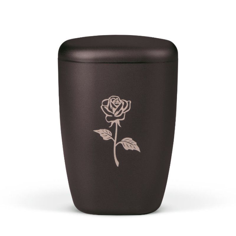Naturstoffurne in anthrazit mit glatter Oberfläche und abgerundeter Form, verziert mit einer lasergravierten Rose in heller Farbe, Gesamtansicht.