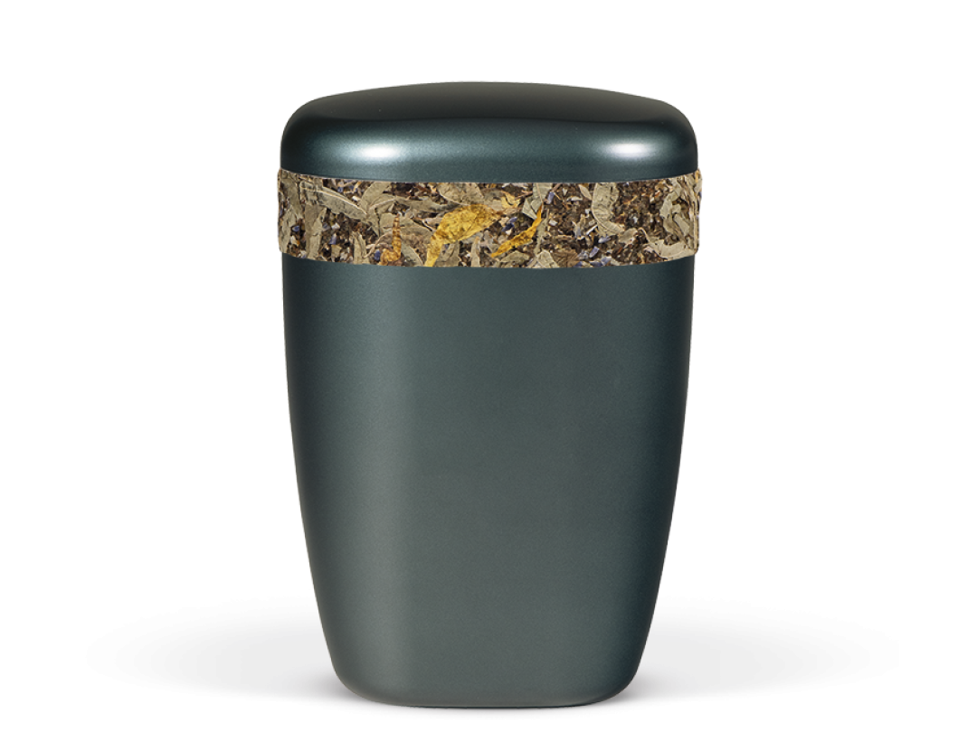 Naturstoffurne Petrol, Dekorband aus Naturkräuter (z.B. Johanniskraut, Lavendel, Hopfen)