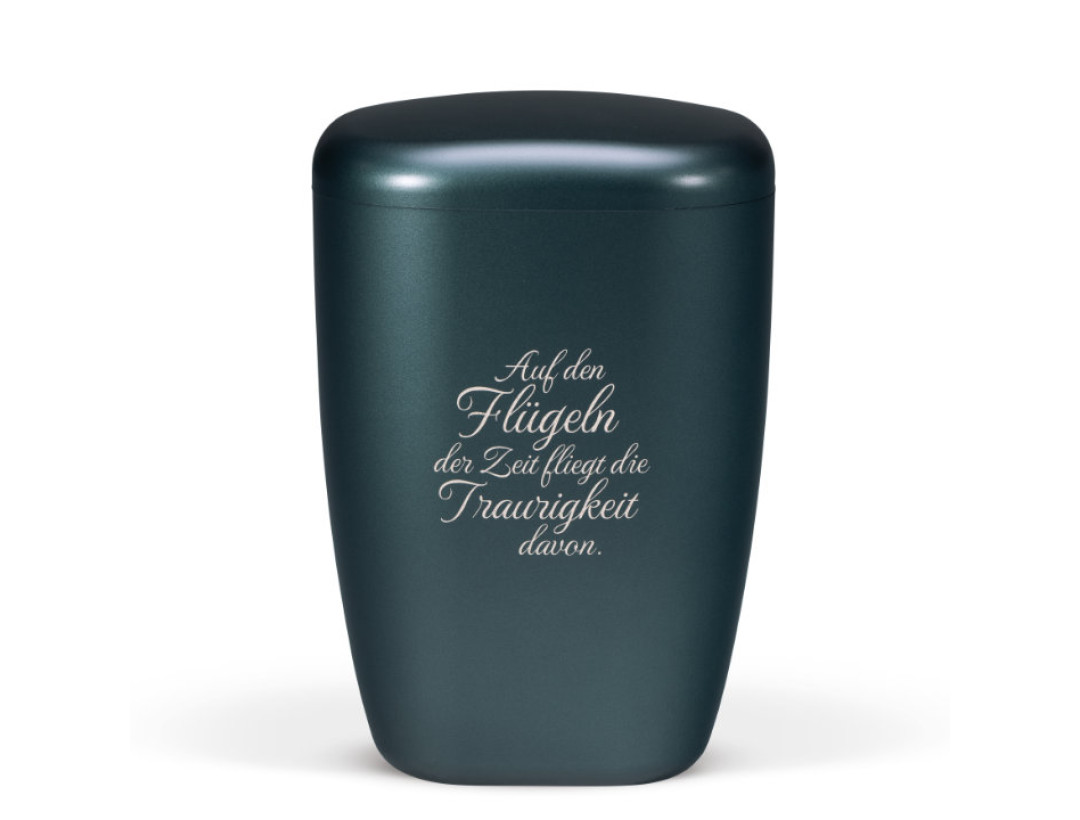 Naturstoffurne, Petrol Lasergravur Trauertext Auf den Flügeln der Zeit...