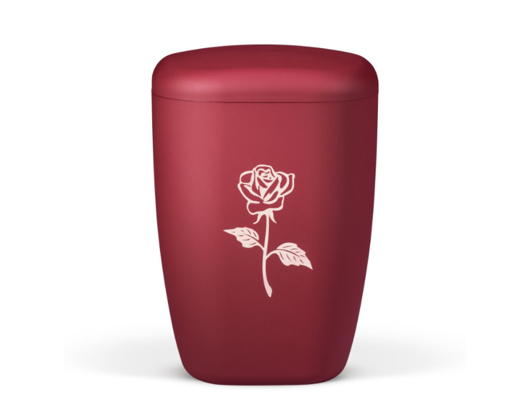 Naturstoffurne, Weinrot Velours, Lasergravur, Rose