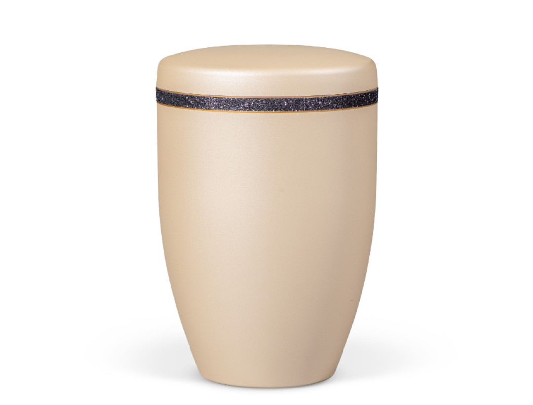 Naturstoffurne, Perlbeige Dekorband, Schwarz-Glitzerband mit Goldrand