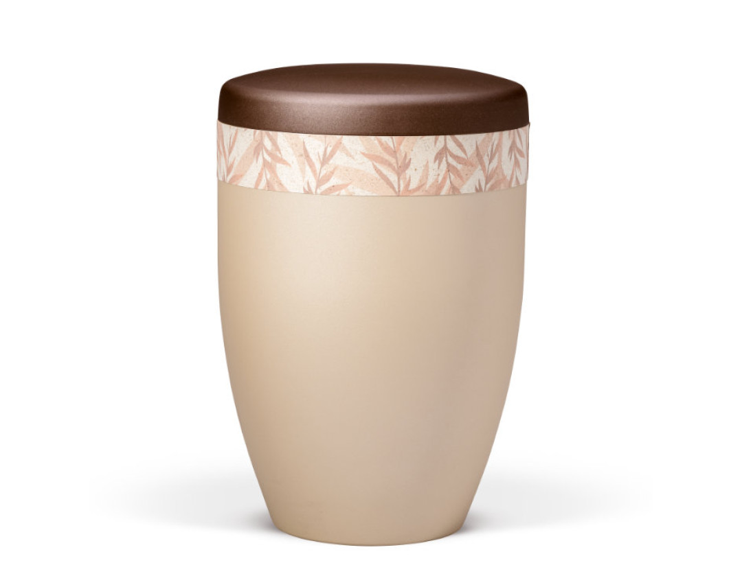 Naturstoffurne, Perlbeige Dekor Graspapier - Gräser, Deckel Kastanienbraun