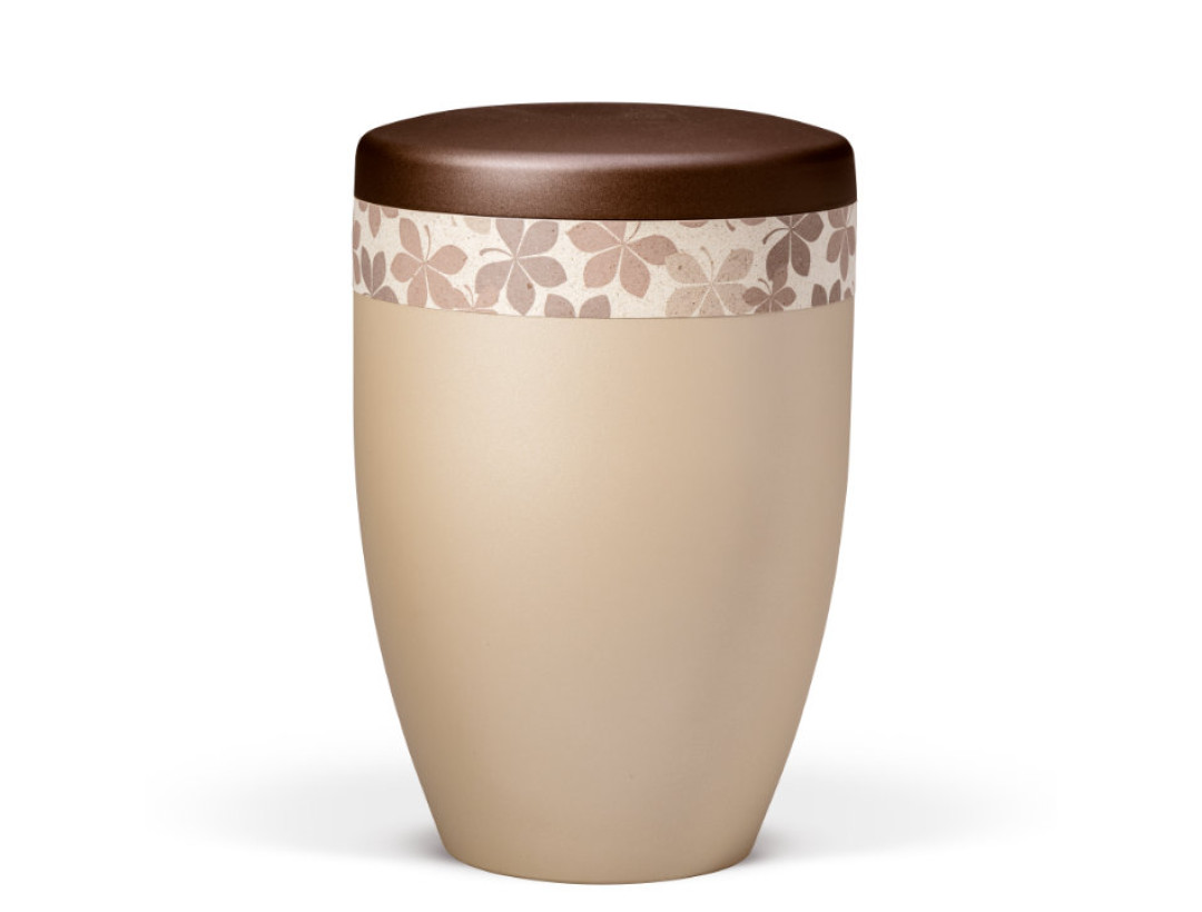 Naturstoffurne, Perlbeige Dekor Graspapier Floral Blätter, Deckel Kastanienbraun