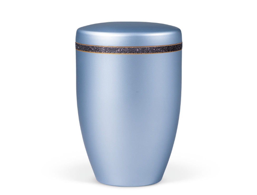 Naturstoffurne, Gletscherblau Dekorband: Schwarz-Glitzeroptik mit Goldrand