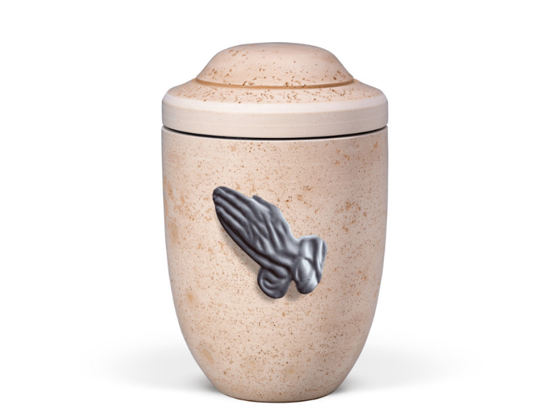 Dujura-Urne aus Kalzium, Steinoptik, Terracotta, Betende Hände aus Naturfasern