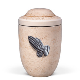 Dujura-Urne aus Kalzium, Steinoptik, Terracotta, Betende Hände aus Naturfasern