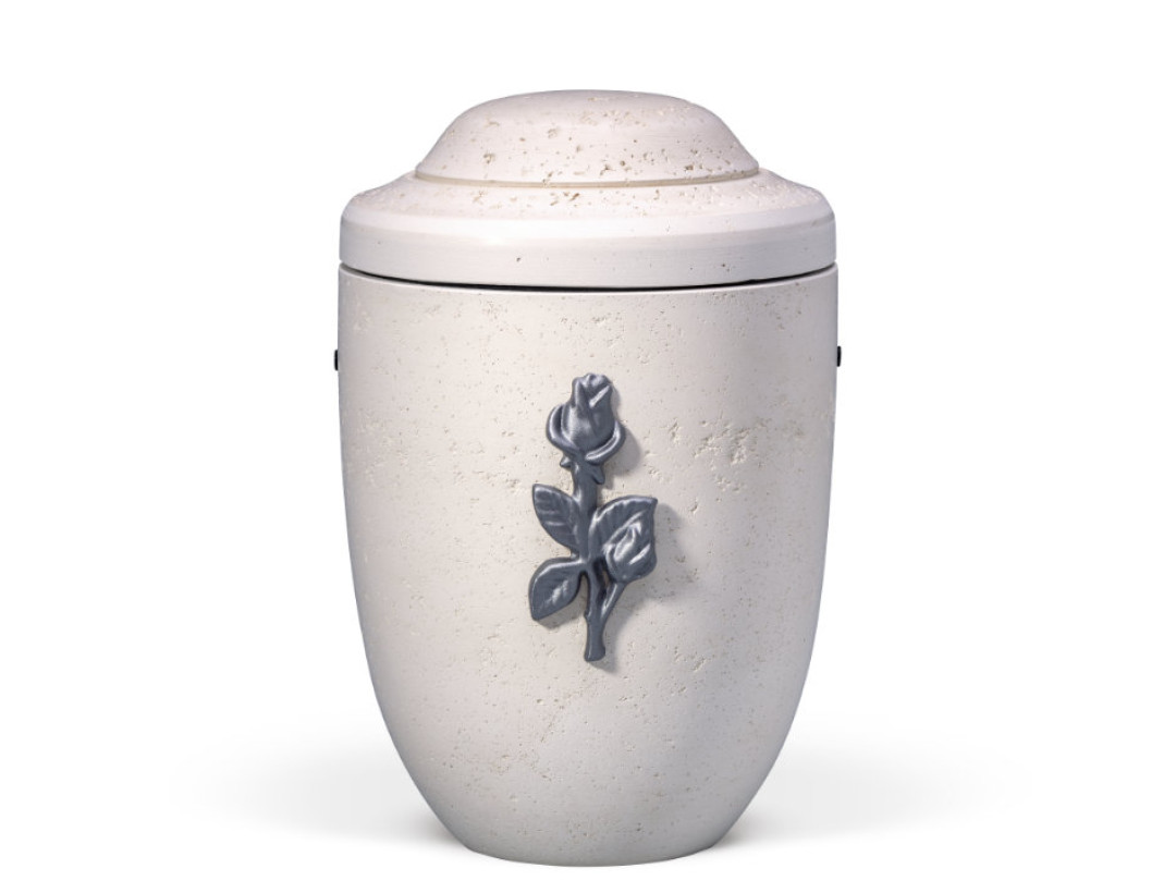 Dujura-Urne aus Kalzium, Steinoptik, Hellbeige, Rose aus Naturfasern