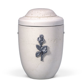 Dujura-Urne aus Kalzium, Steinoptik, Hellbeige, Rose aus Naturfasern