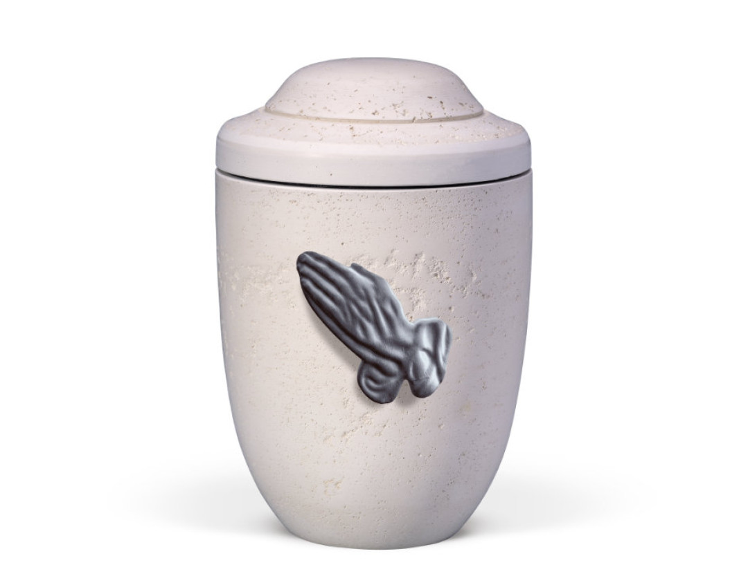 Dujura-Urne aus Kalzium, Steinoptik, Hellbeige, Betende Hände aus Naturfasern