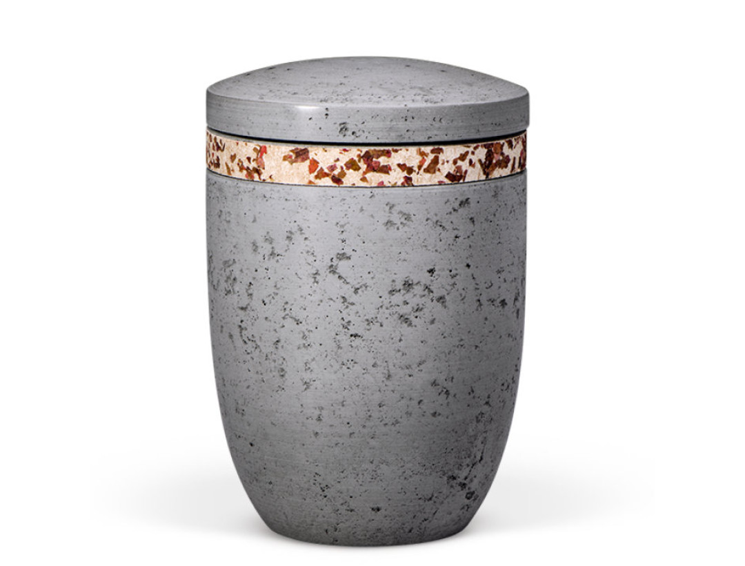 Dujura-Urne aus Kalzium, Steinoptik Anthrazit, Weinlaubband, flacher Deckel