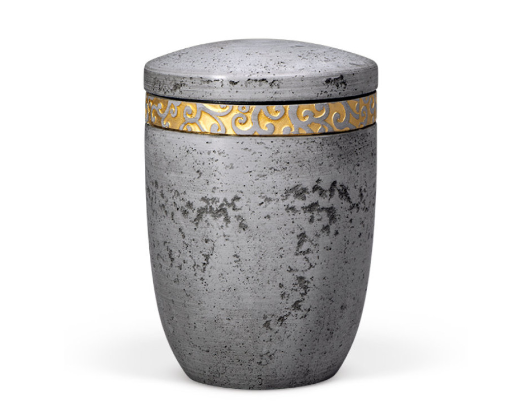 Dujura-Urne aus Kalzium, Steinoptik Anthrazit, Ornamentring Gold, flacher Deckel