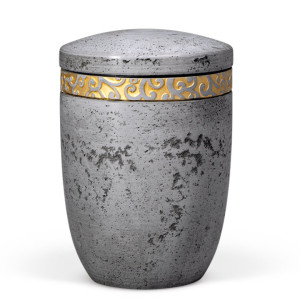 Dujura-Urne aus Kalzium, Steinoptik Anthrazit, Ornamentring Gold, flacher Deckel