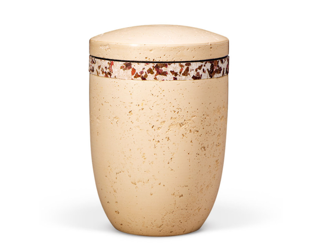 Dujura-Urne aus Kalzium, Steinoptik Terracotta, Weinlaubband, flacher Deckel