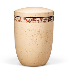 Dujura-Urne aus Kalzium, Steinoptik Terracotta, Weinlaubband, flacher Deckel