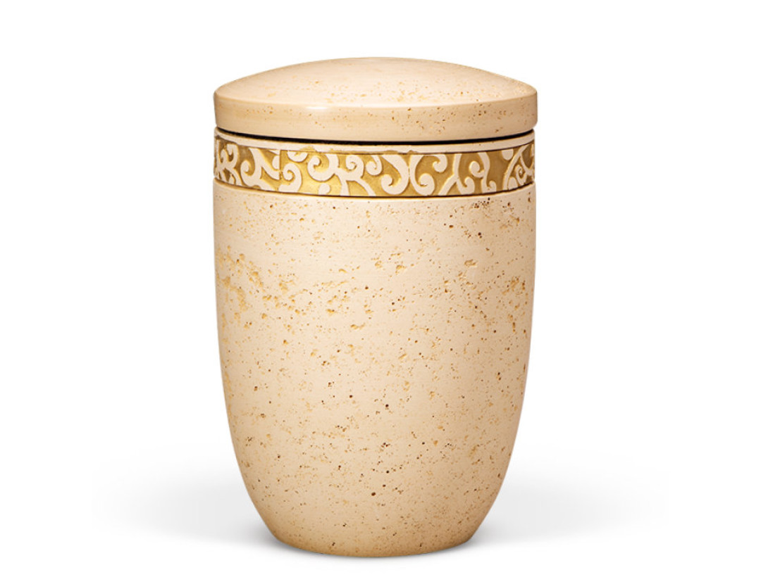 Dujura-Urne aus Kalzium, Steinoptik Terracotta, Ornamentring Gold, flacher Deckel