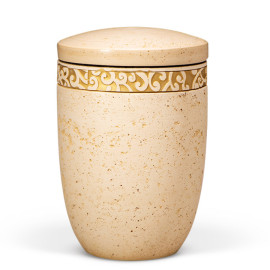 Dujura-Urne aus Kalzium, Steinoptik Terracotta, Ornamentring Gold, flacher Deckel