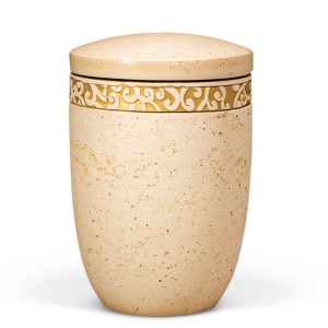 Dujura-Urne aus Kalzium, Steinoptik Terracotta, Ornamentring Gold, flacher Deckel