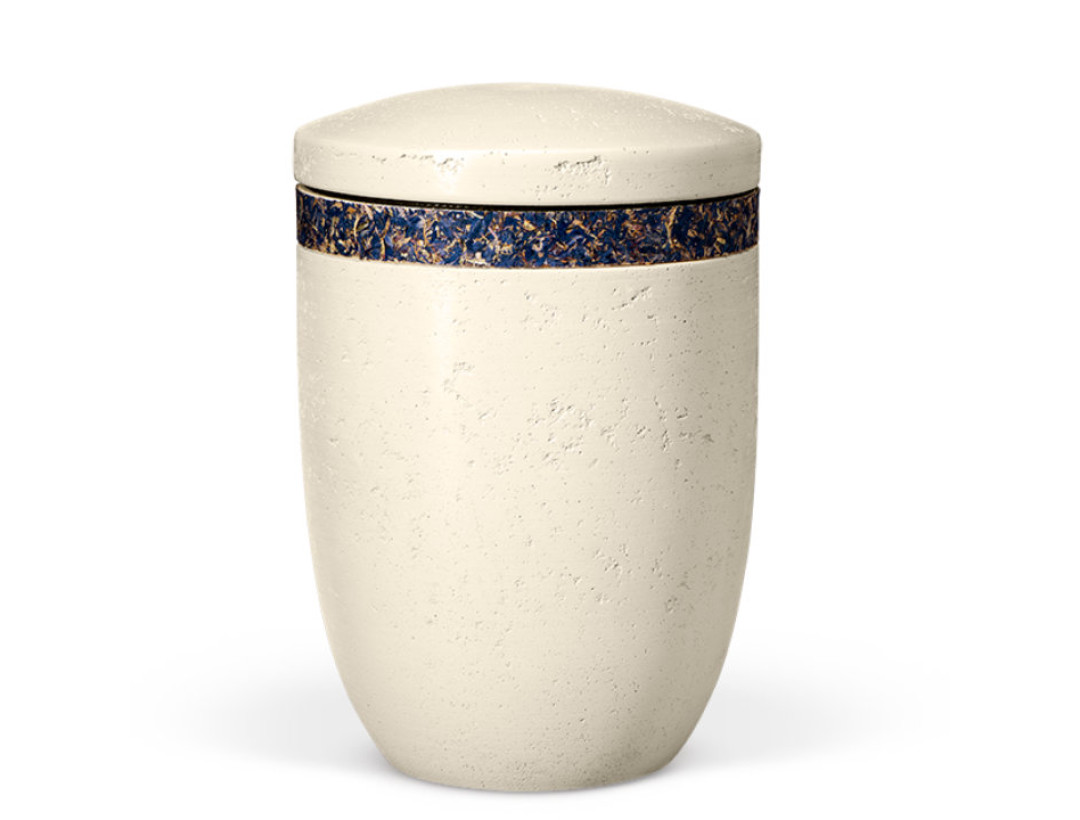 Dujura-Urne aus Kalzium, Steinoptik Hellbeige, Kornblumenband, flacher Deckel