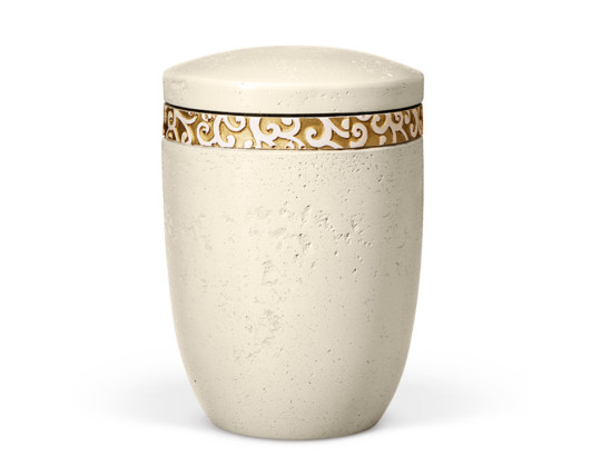 Dujura-Urne aus Kalzium, Steinoptik Hellbeige, Ornamentring Gold, flacher Deckel