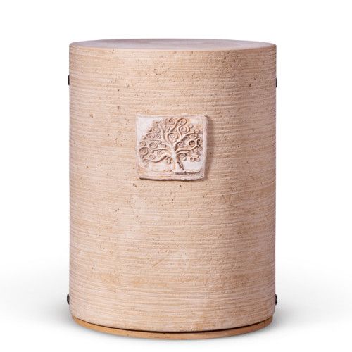 Dujura-Urne aus Kalzium, Zylindrische Form, Terracotta, gedrehte Tonoptik, Reliefmotiv Baum des Lebens
