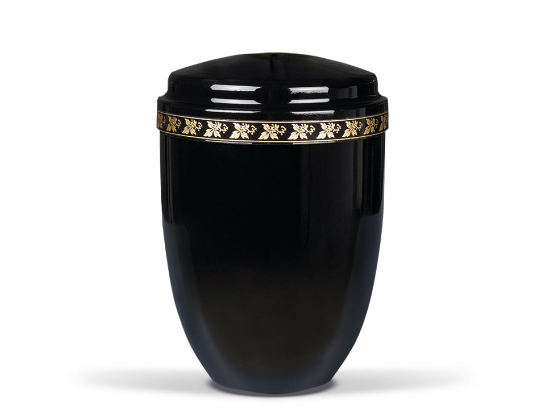 Stahlurne, Schwarz, Dekorband Blätter am Deckel