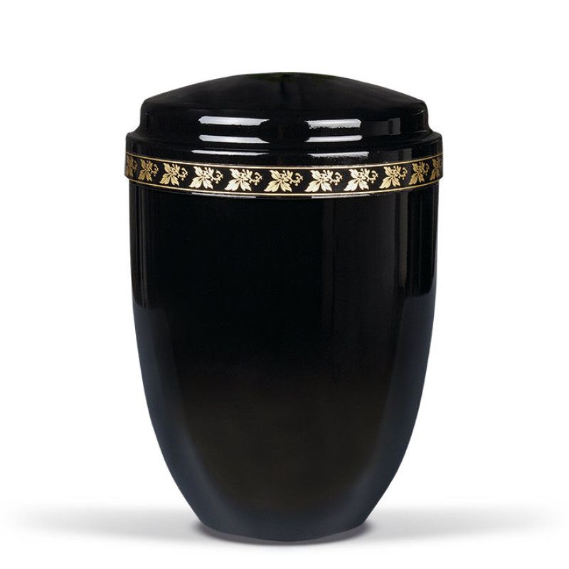 Schwarze Stahlurne mit glänzender Oberfläche und einem goldenen Dekorband mit Blattmotiven am Deckel, in Gesamtansicht dargestellt.