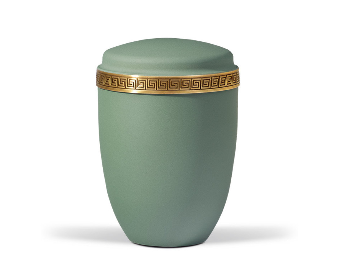 Stahlurne, Olivgrün Velours, Messing Mäanderprägung Antik