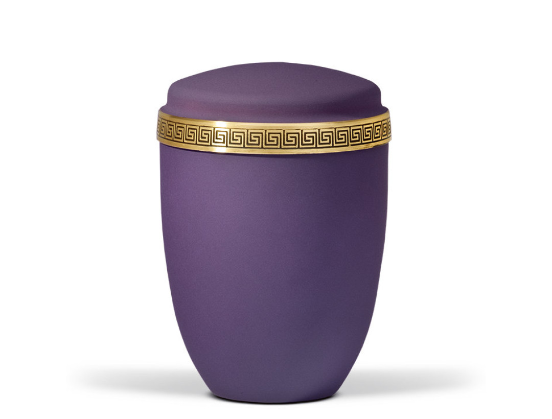 Stahlurne, Violett Velours, Messing Mäanderprägung Antik