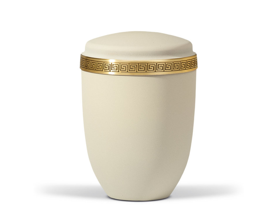 Stahlurne, Hell Beige Velours, Messing Mäanderprägung Antik