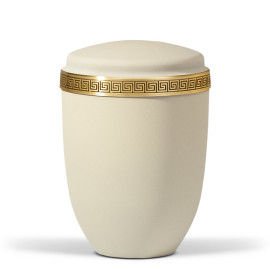 Stahlurne, Hell Beige Velours, Messing Mäanderprägung Antik