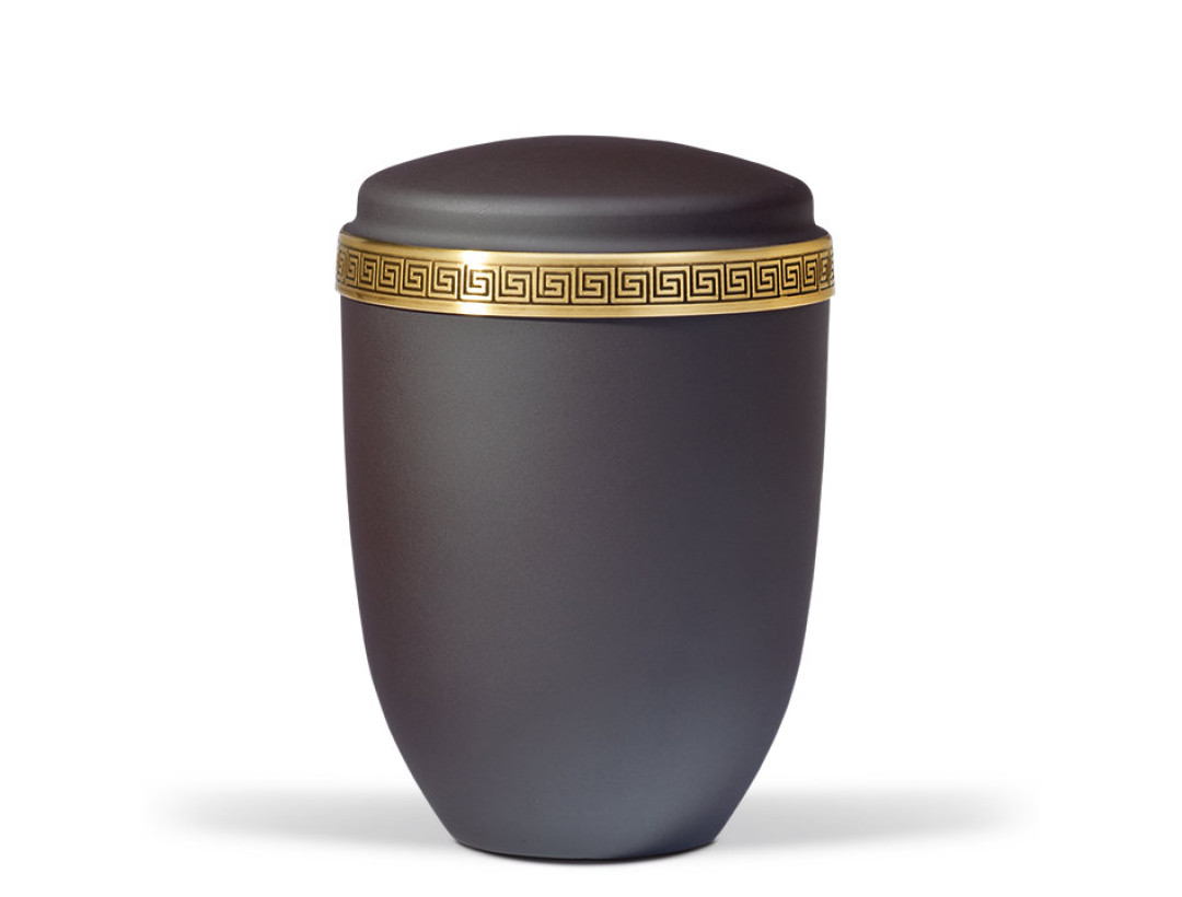 Stahlurne, Stahlurne, Anthrazit Velours Messing Mäanderprägung Antik