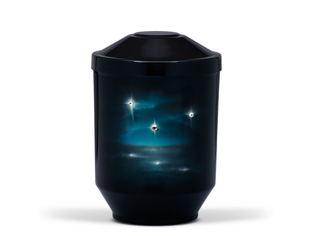 Stahlurne, Schwarz Airbrush, Funkelnde Sterne, hochwertigen Crystal Elements