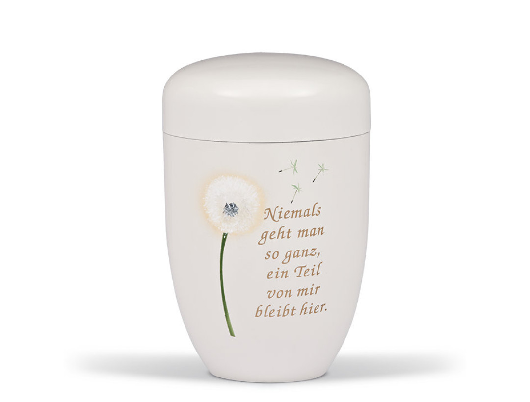 Stahlurne, Cremeweiß, Airbrush Pusteblume, mit Trauertext 4