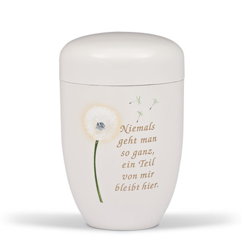 Stahlurne in cremeweiß mit Airbrush-Motiv einer Pusteblume und dem Trauertext „Niemand geht man so ganz, ein Teil von mir bleibt hier“ in goldener Schrift.