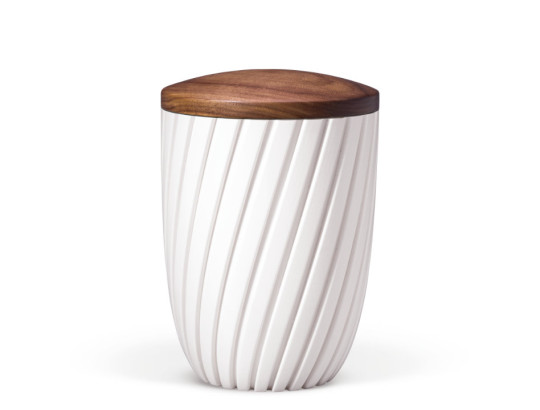Naturstoffurne, Rillen 3D-Druck, Weiß Matt, Holzdeckel Nussbaum