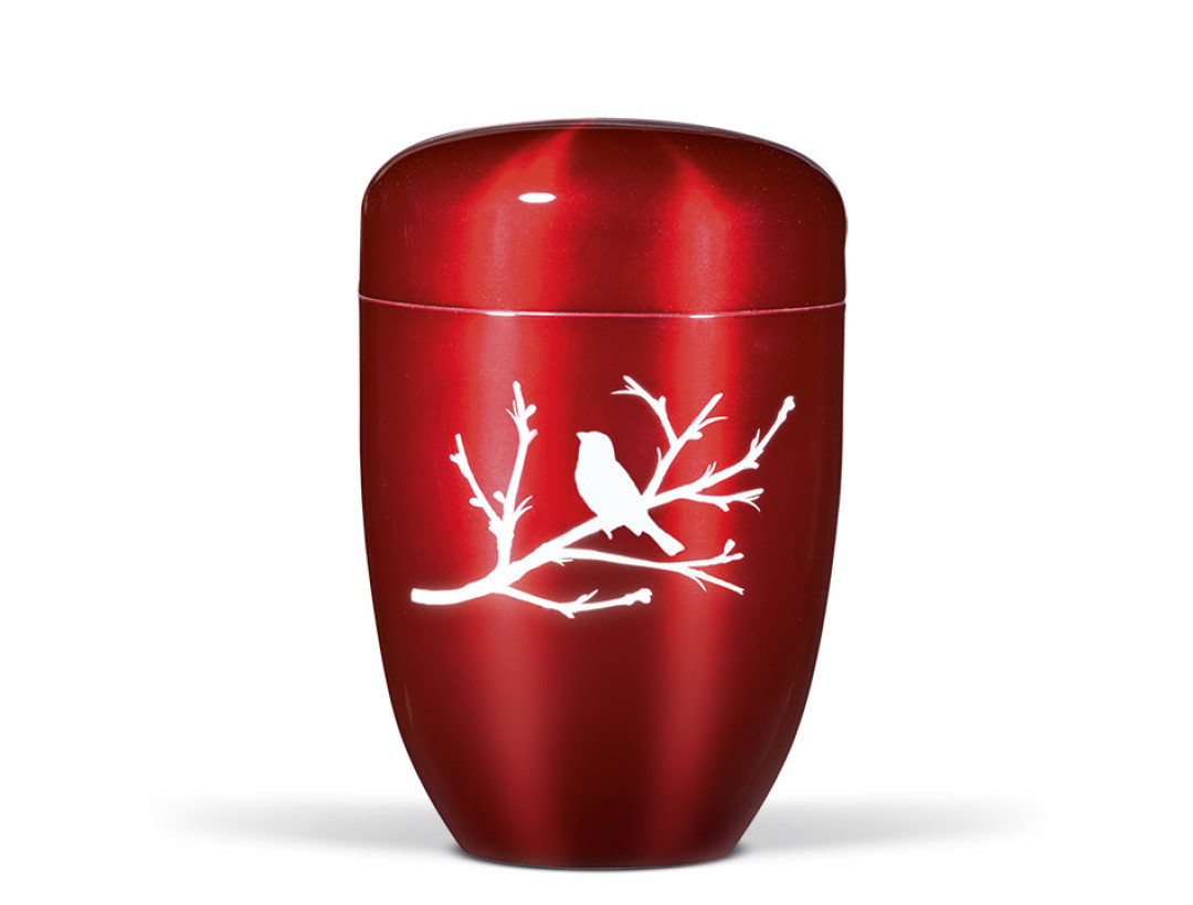 Stahlurne, Weinrot, Airbrush Vogel auf Zweig