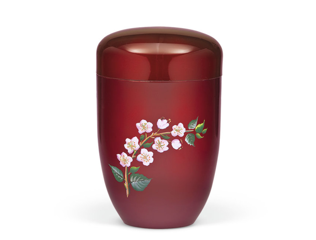 Stahlurne, Weinrot, Handbemalt Kirschblüte