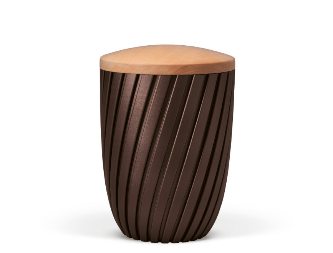 Naturstoffurne, Rillen 3D-Druck, Kastanienbraun-Matt, Holzdeckel Linde