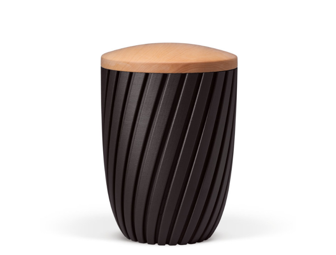 Naturstoffurne, Rillen 3D-Druck, Anthrazit Velours, Holzdeckel Linde