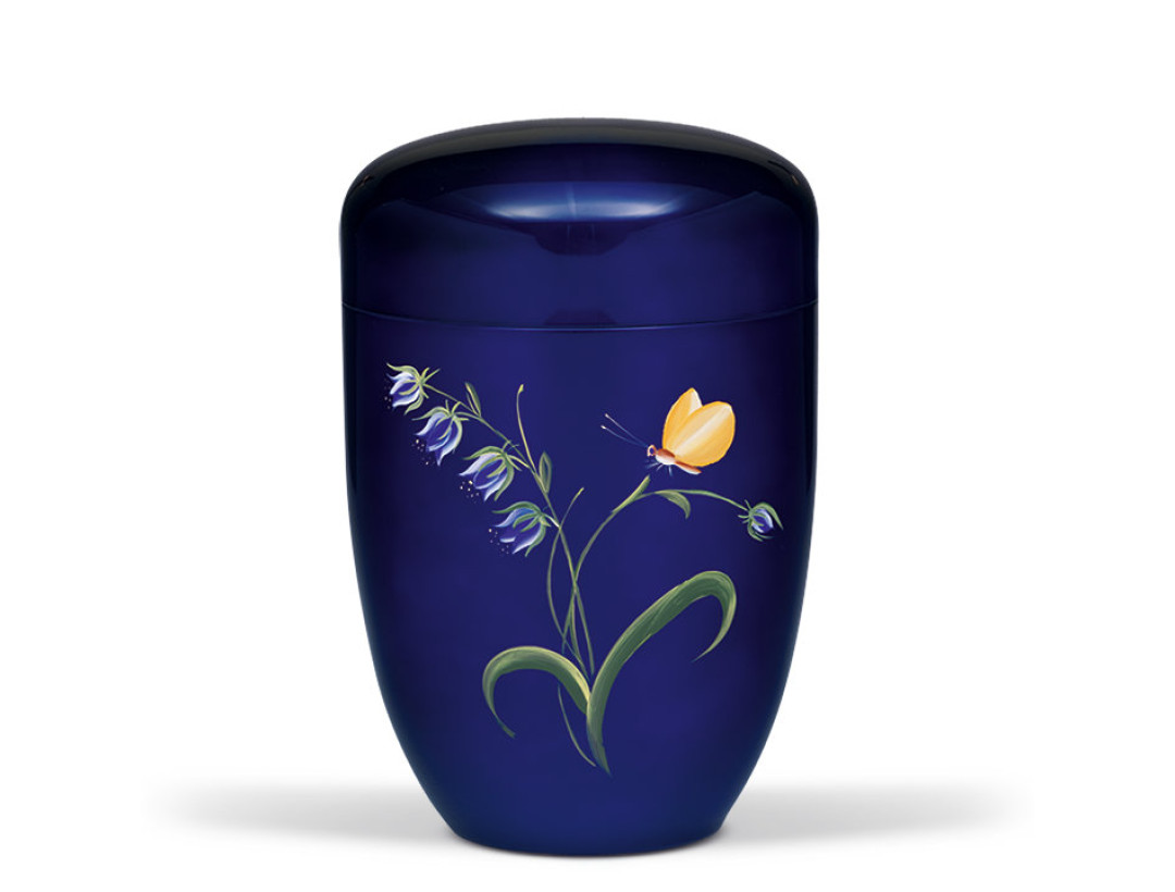 Stahlurne, Kobalt Blau, Handbemalt: Glockenblume mit Falter