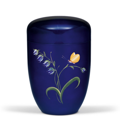 Stahlurne in Kobalt Blau, handbemalt mit einer Glockenblume und einem gelben Falter, in ovaler Form und mit glänzender Oberfläche.