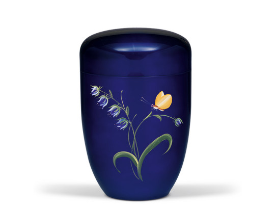 Stahlurne, Kobalt Blau, Handbemalt: Glockenblume mit Falter