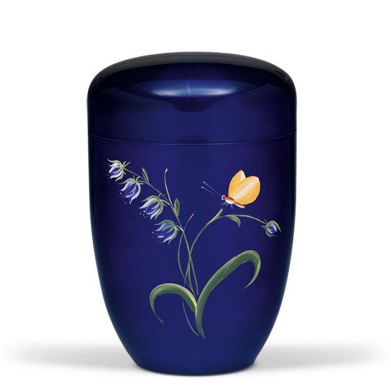 Stahlurne in Kobalt Blau, handbemalt mit einer Glockenblume und einem gelben Falter, in ovaler Form und mit glänzender Oberfläche.