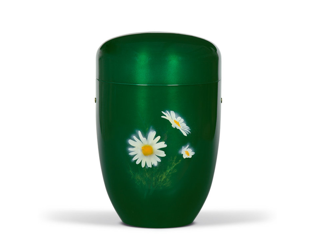 Stahlurne, Moosgrün, Airbush Motiv: Margeriten