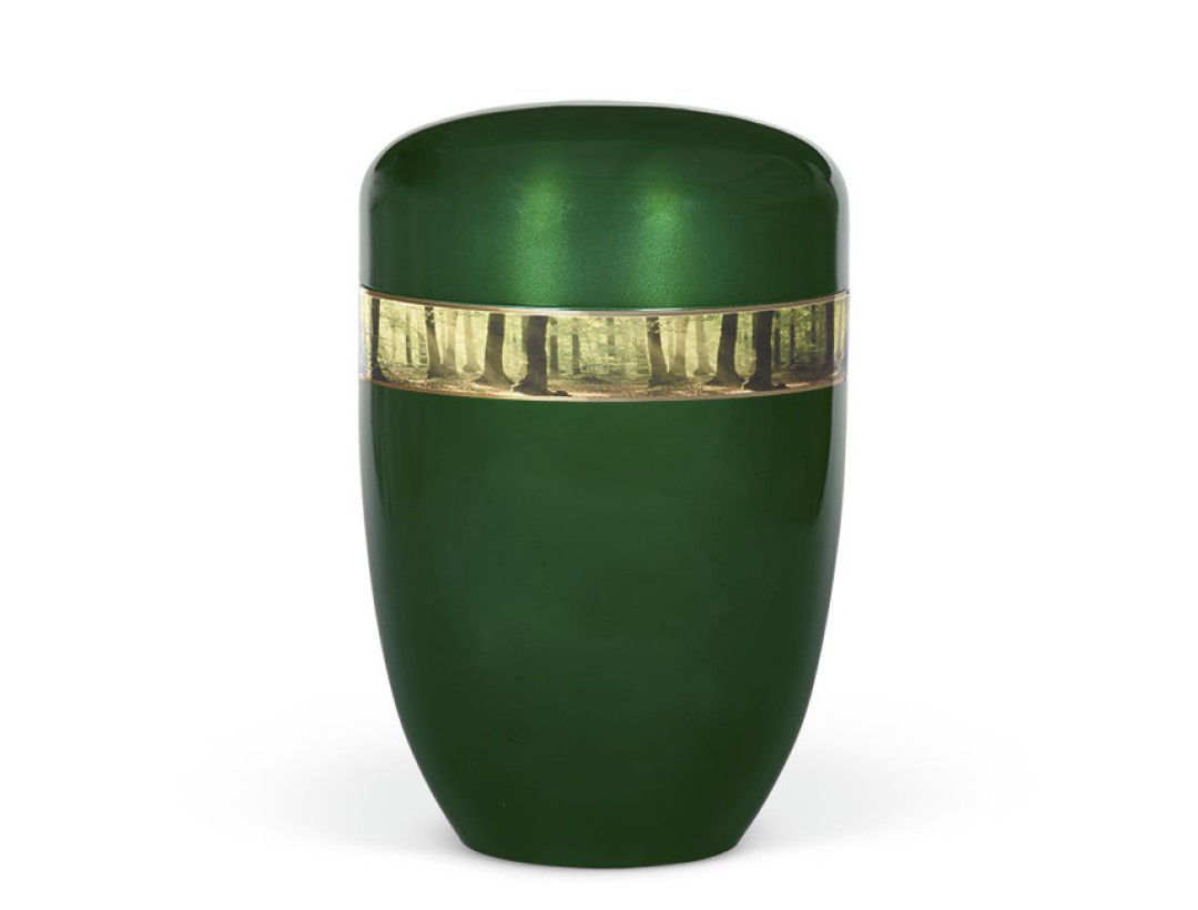 Stahlurne, Moosgrün, Dekorband: Waldlichtung