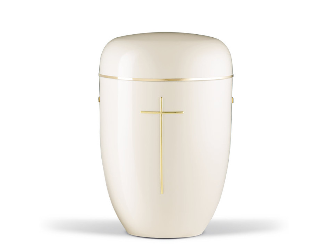 Stahlurne, Cremeweiß, Stripdome Kreuz u. Goldband