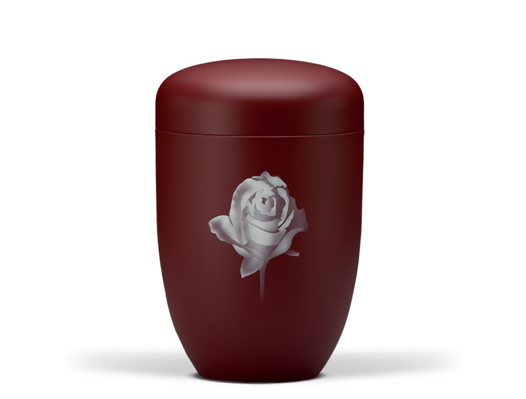 Stahlurne, Weinrot Velours, Airbrush Rose