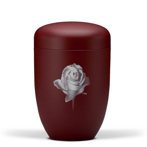 Stahlurne in weinrot mit samtiger Oberfläche und einer Airbrush-Darstellung einer Rose, in einer Gesamtansicht ohne sichtbare Details.
