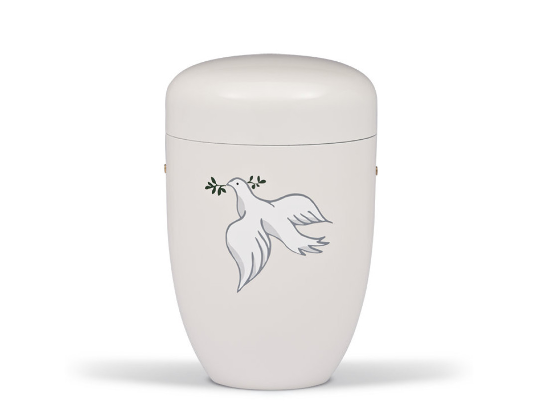 Stahlurne, Cremeweiß, Taube mit. Zweig geklebt