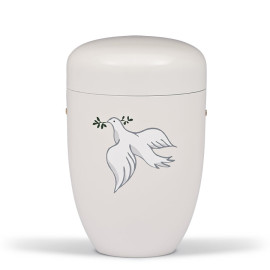 Stahlurne, Cremeweiß, Taube mit. Zweig geklebt